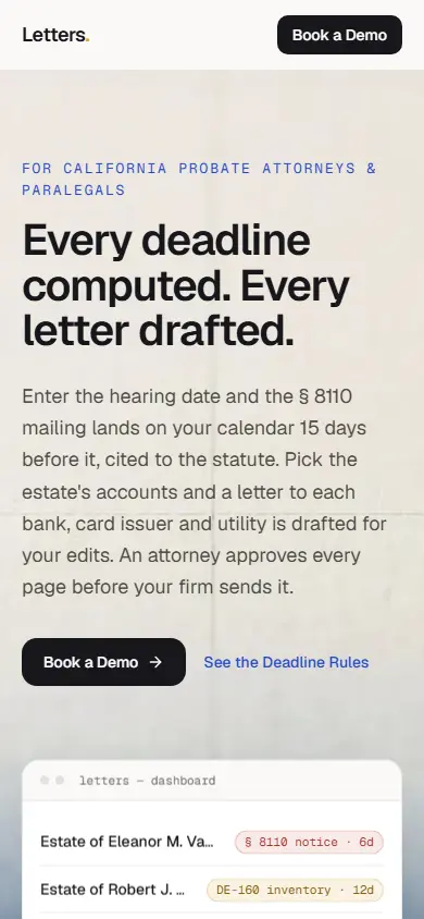 Letters's first screen on a phone, 390 wide.