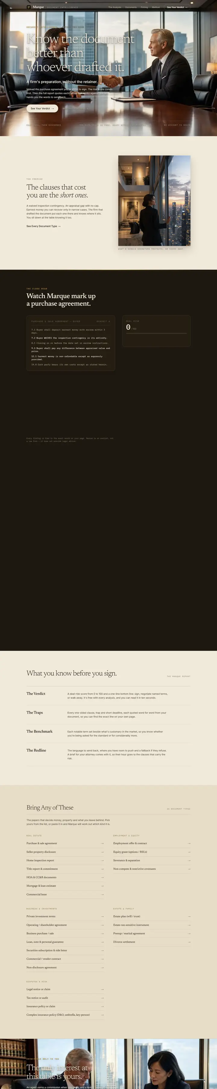 Marque's home page from top to bottom.