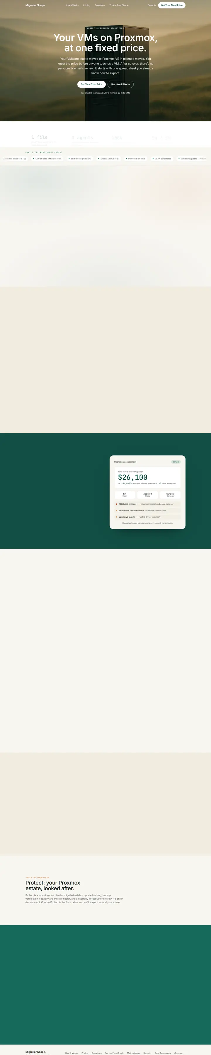MigrationScope's home page from top to bottom.