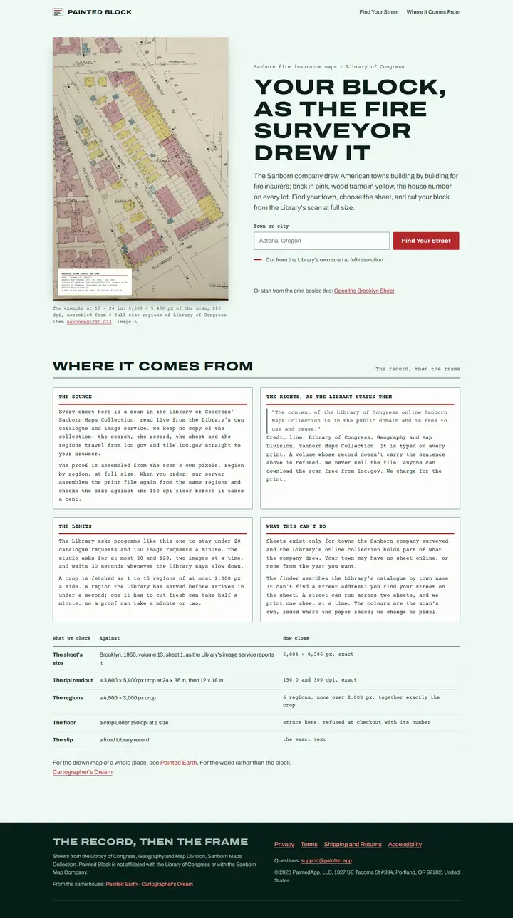 Painted Block's home page from top to bottom.