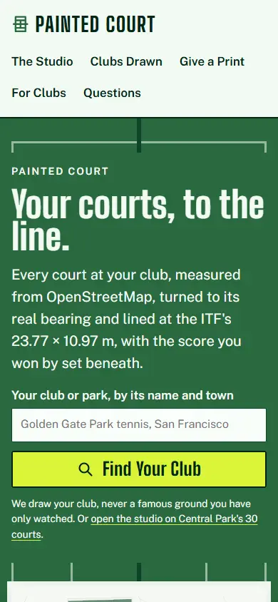 Painted Court's first screen on a phone, 390 wide.