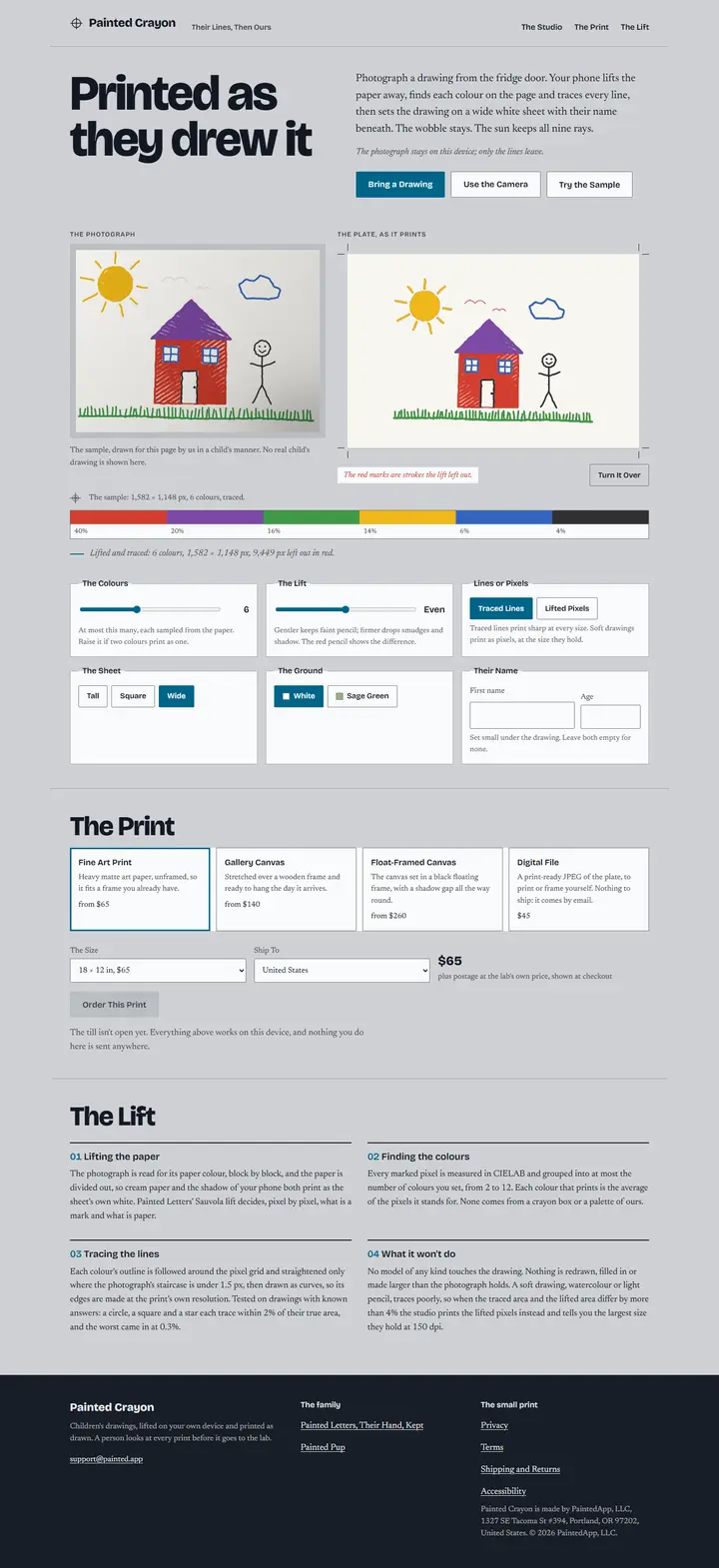 Painted Crayon's home page from top to bottom.