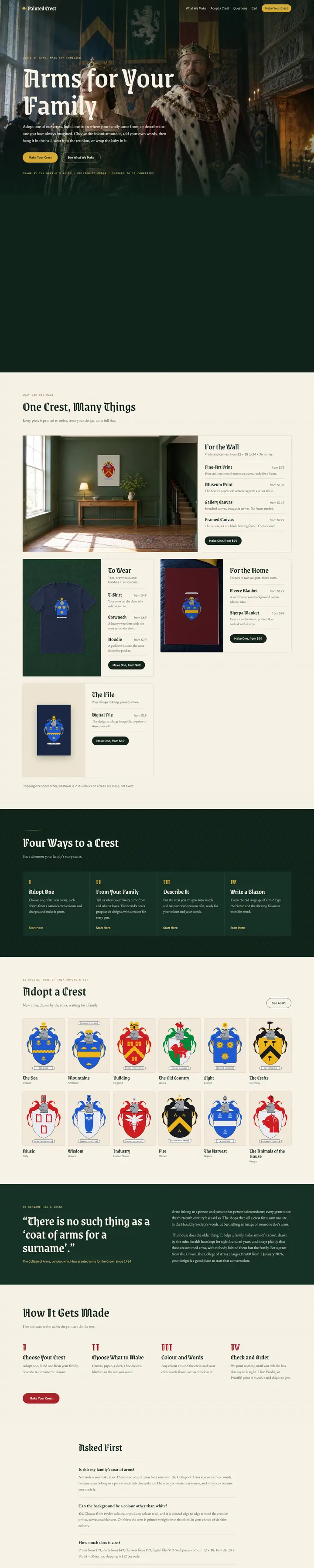 Painted Crest's home page from top to bottom.