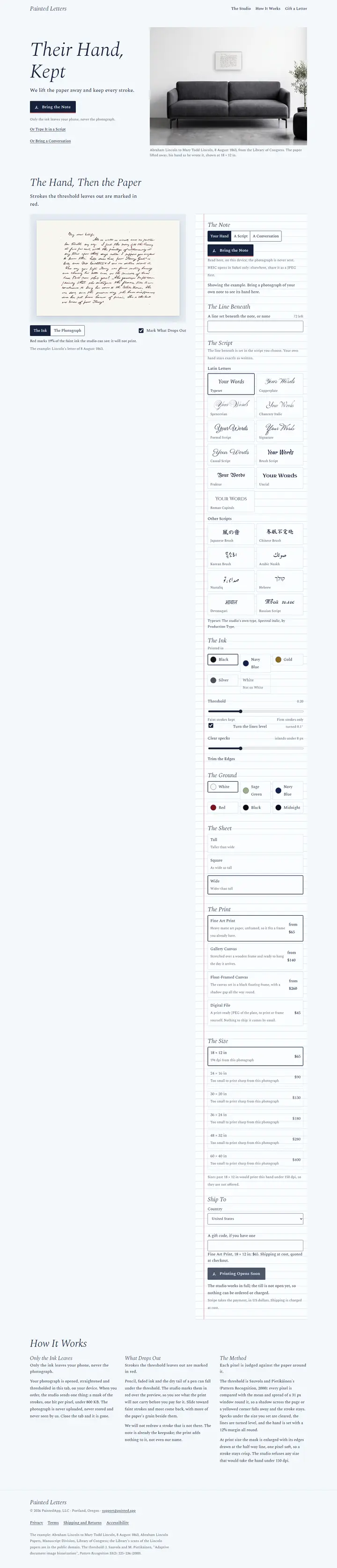 Painted Letters's home page from top to bottom.