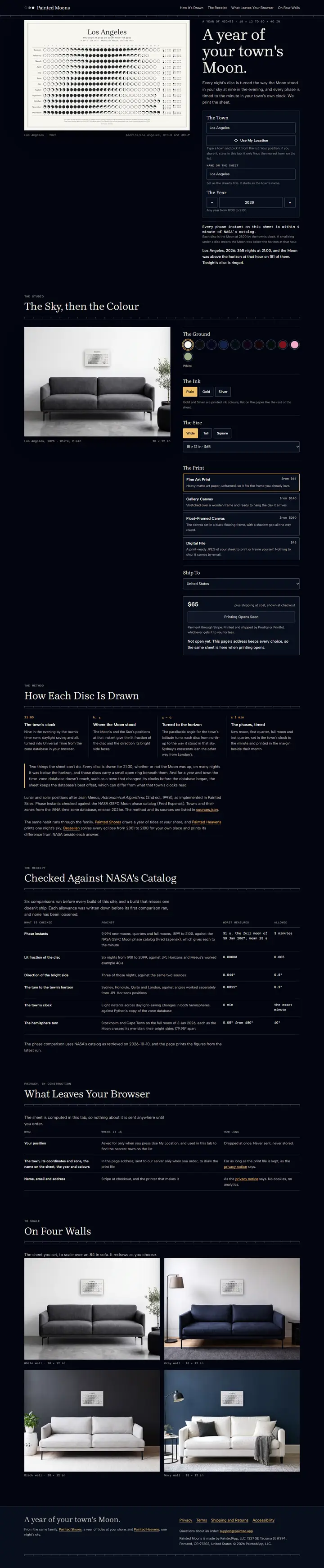Painted Moons's home page from top to bottom.