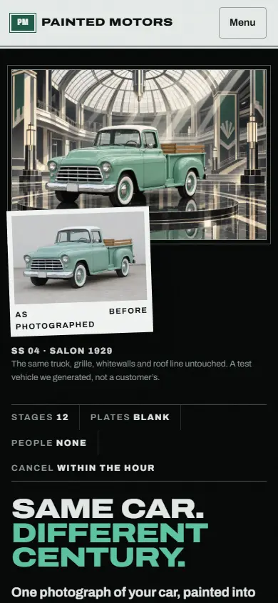 Painted Motors's first screen on a phone, 390 wide.