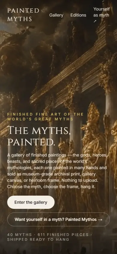 Painted Myths's first screen on a phone, 390 wide.
