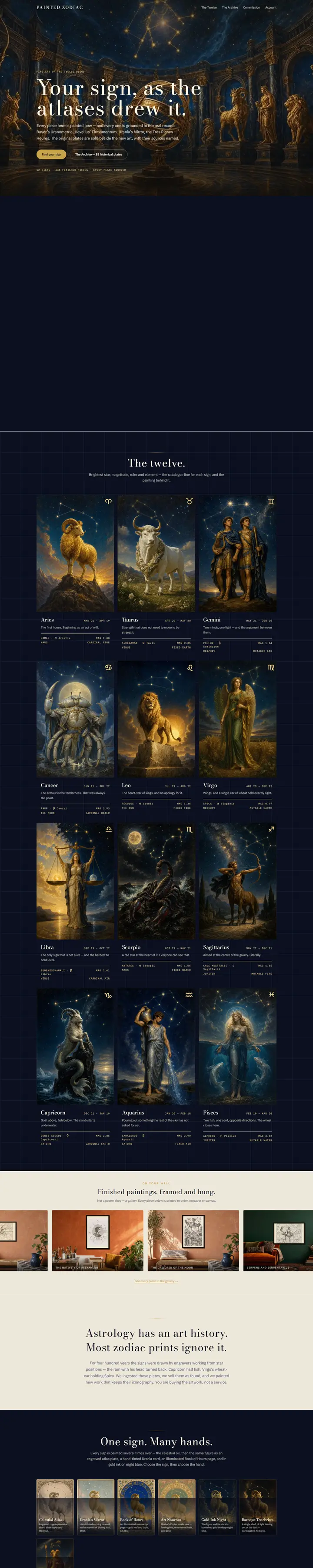 Painted Zodiac's home page from top to bottom.