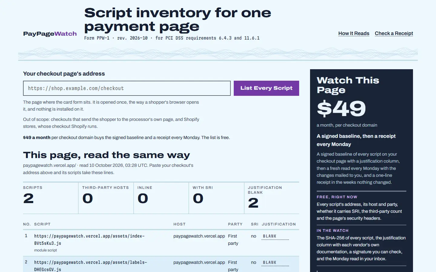 PayPageWatch's first screen at 1440 wide, captured October 15, 2026.