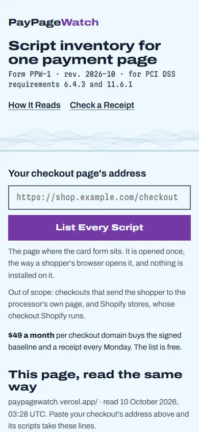 PayPageWatch's first screen on a phone, 390 wide.