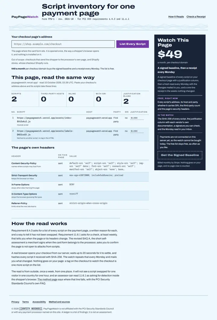 PayPageWatch's home page from top to bottom.
