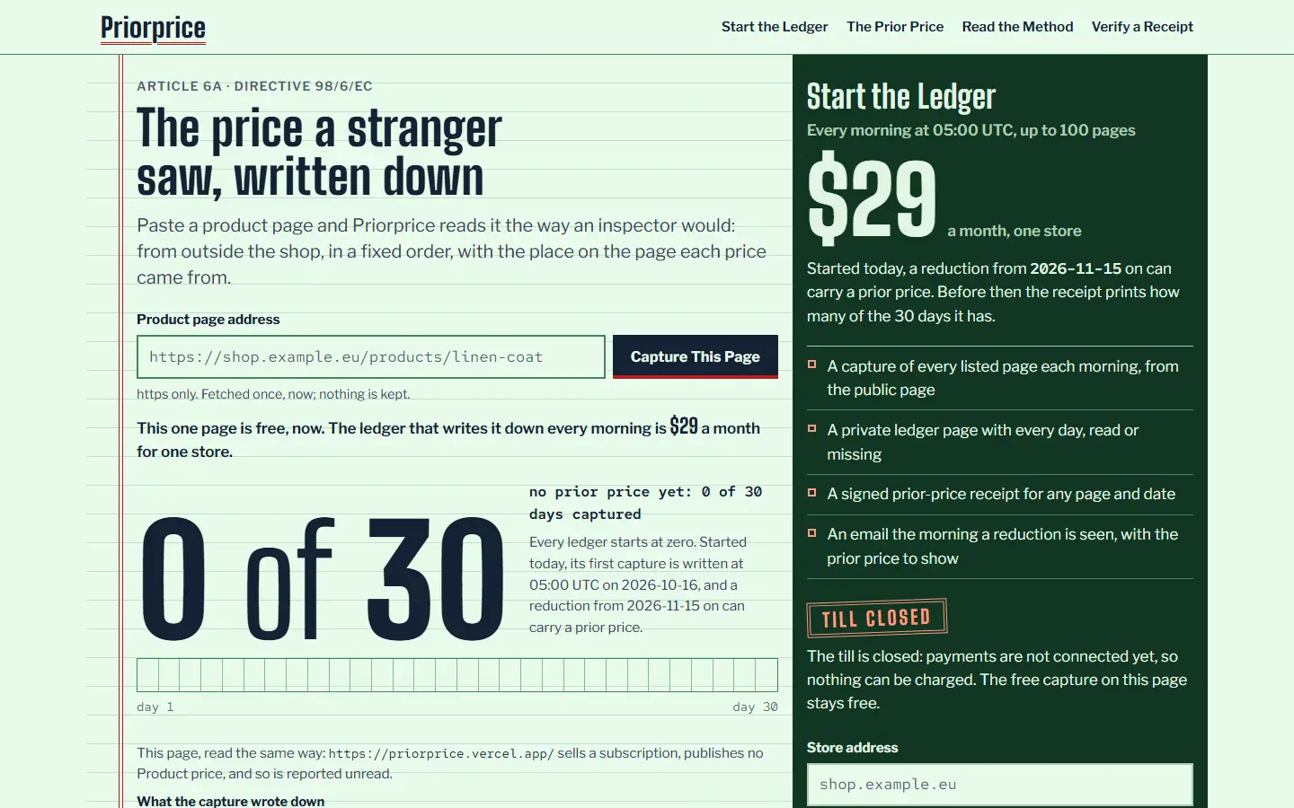 Priorprice's first screen at 1440 wide, captured October 15, 2026.