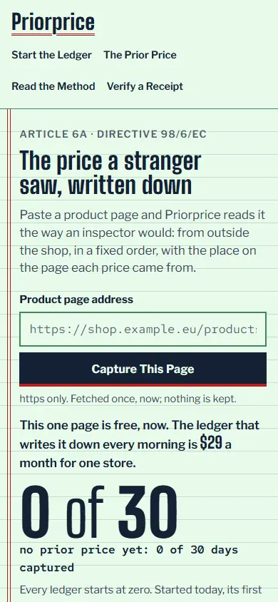 Priorprice's first screen on a phone, 390 wide.