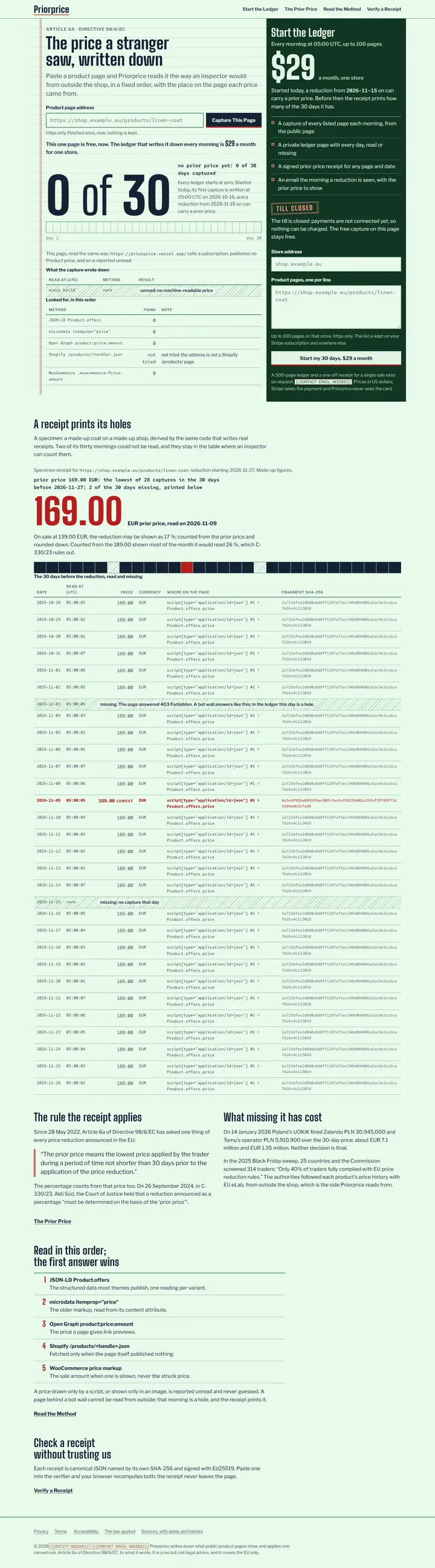 Priorprice's home page from top to bottom.