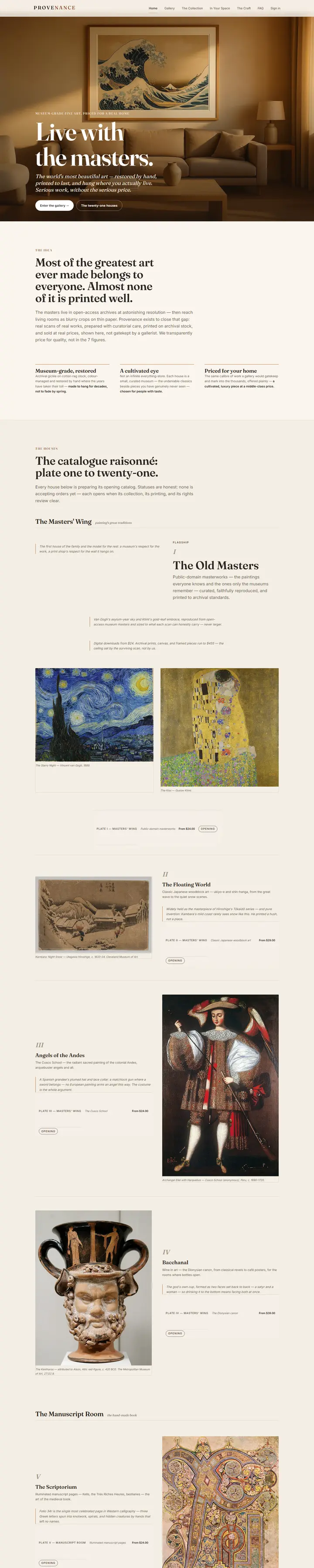 Provenance's home page from top to bottom.