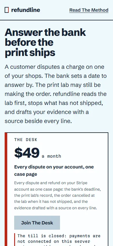 refundline's first screen on a phone, 390 wide.