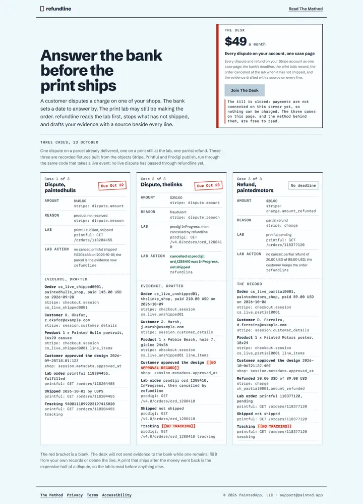 refundline's home page from top to bottom.