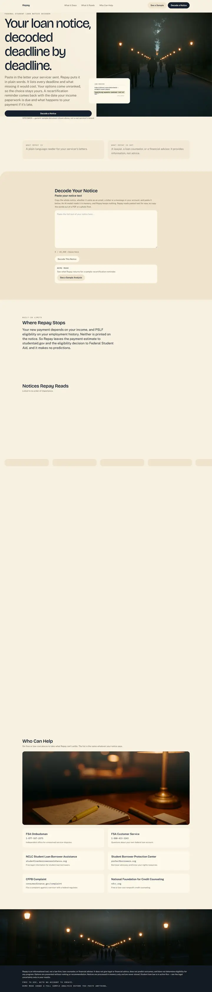 Repay's home page from top to bottom.