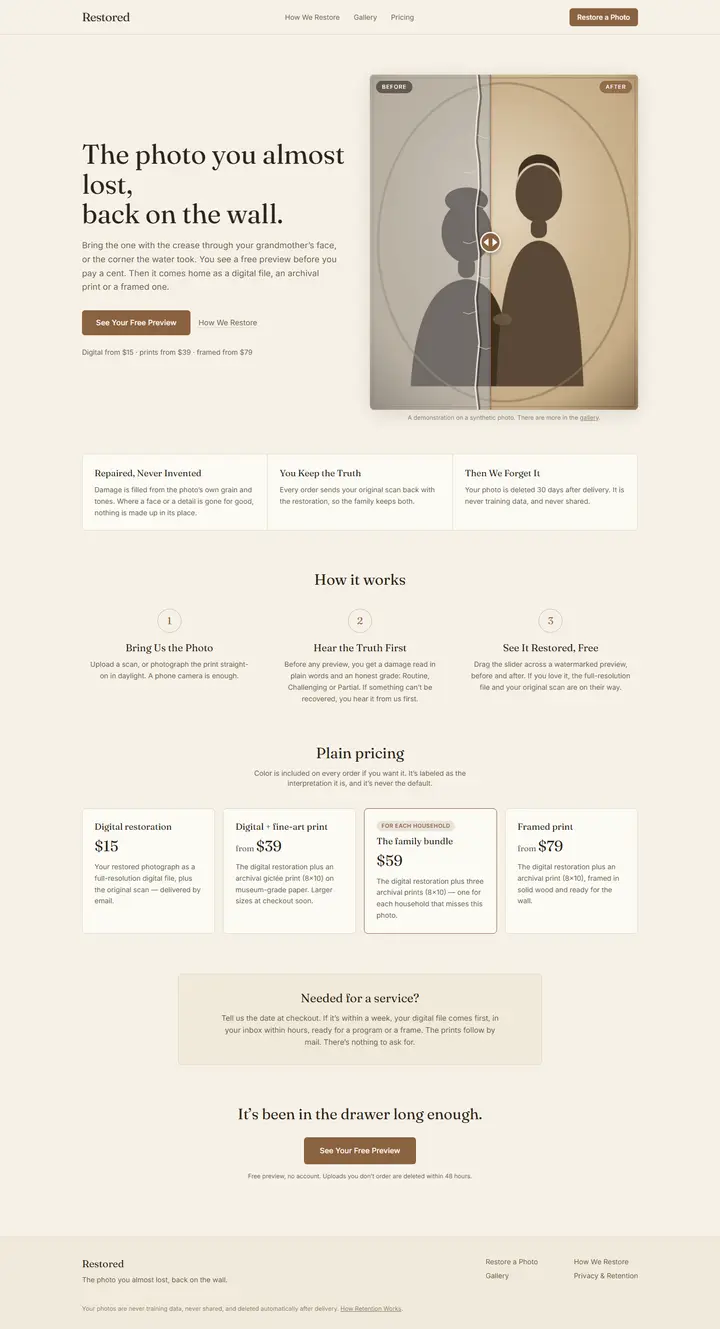 Restored's home page from top to bottom.