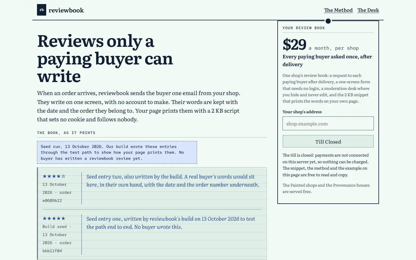 reviewbook's first screen at 1440 wide, captured October 15, 2026.