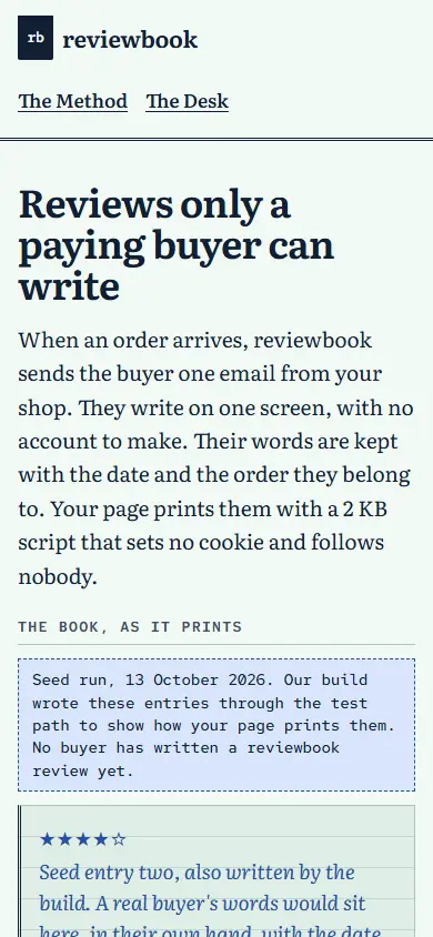 reviewbook's first screen on a phone, 390 wide.