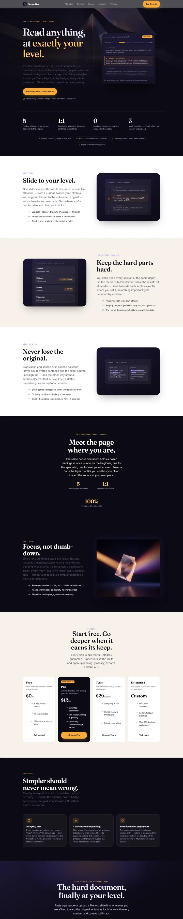 Rosetta's home page from top to bottom.