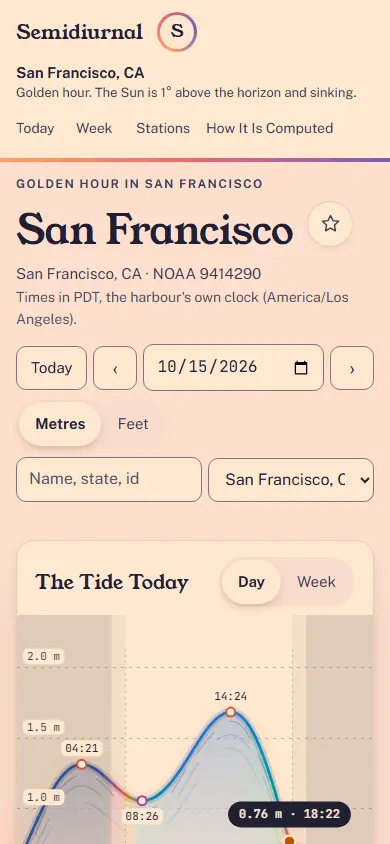 Semidiurnal's first screen on a phone, 390 wide.