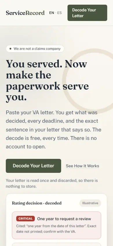 ServiceRecord's first screen on a phone, 390 wide.