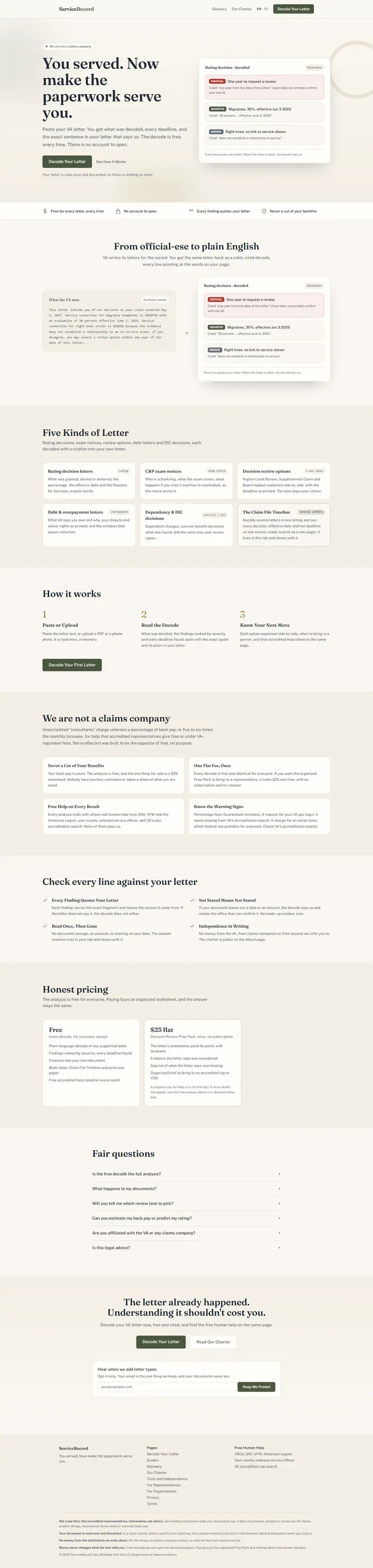 ServiceRecord's home page from top to bottom.