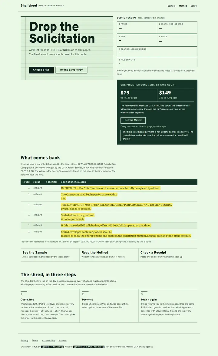 Shallsheet's home page from top to bottom.