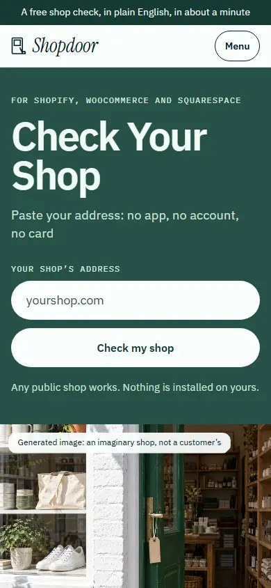 Shopdoor's first screen on a phone, 390 wide.