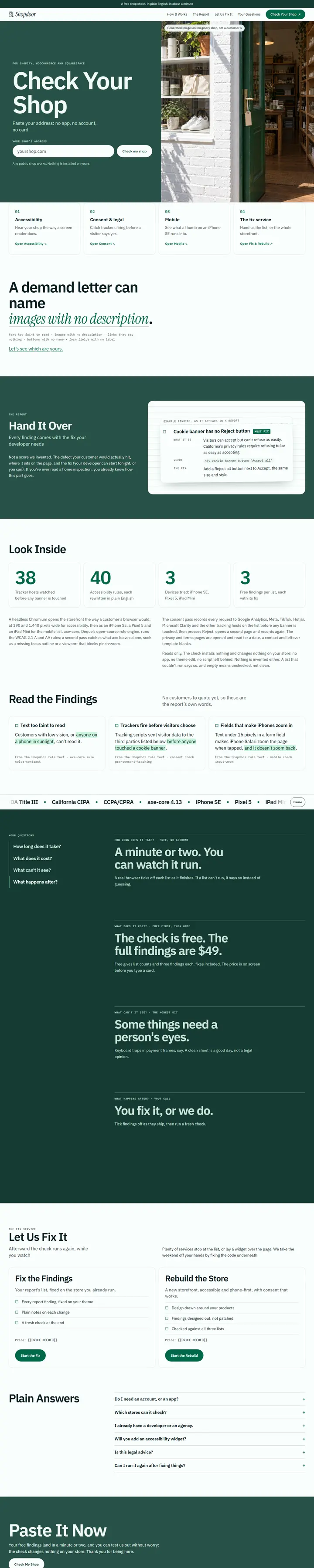 Shopdoor's home page from top to bottom.