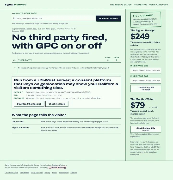 Signal Honored's home page from top to bottom.