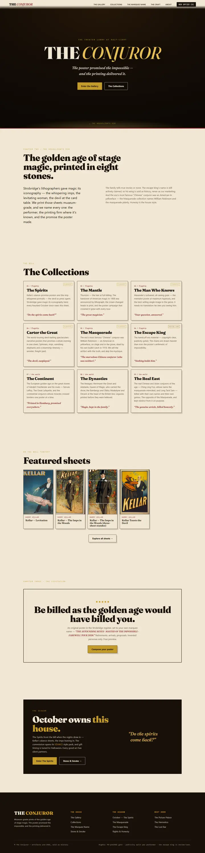 The Conjuror's home page from top to bottom.