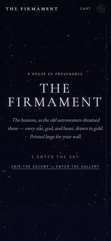 The Firmament's first screen on a phone, 390 wide.