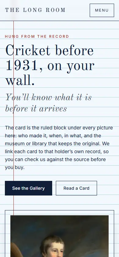 The Long Room's first screen on a phone, 390 wide.