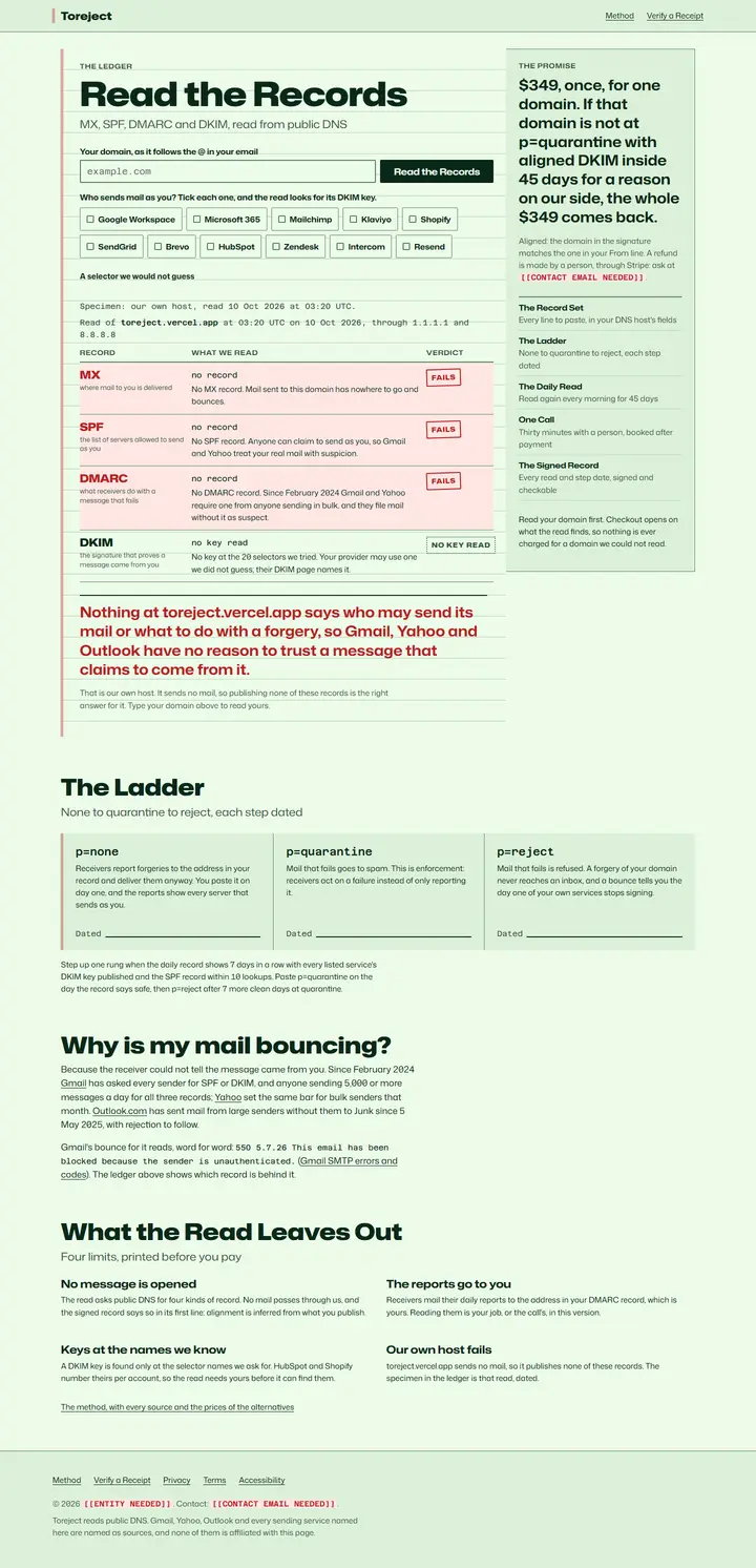 Toreject's home page from top to bottom.