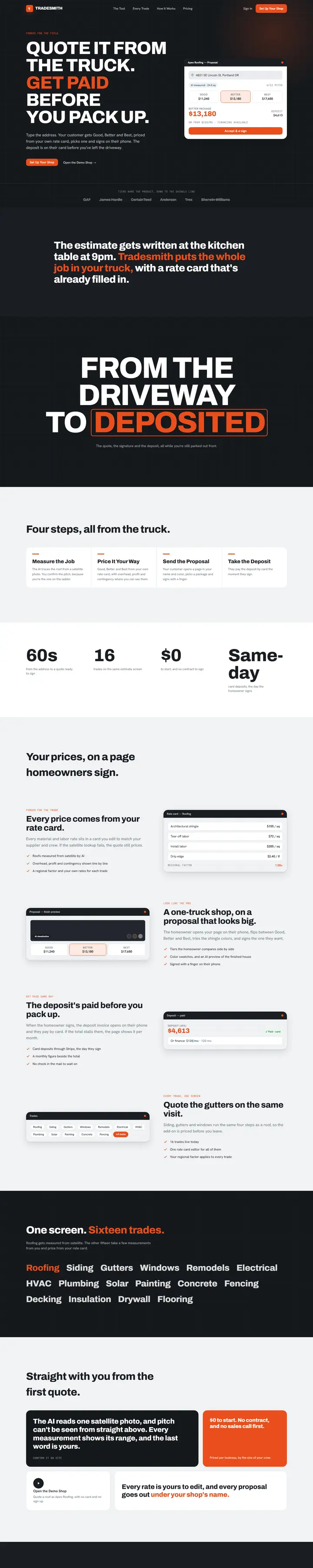 Tradesmith's home page from top to bottom.