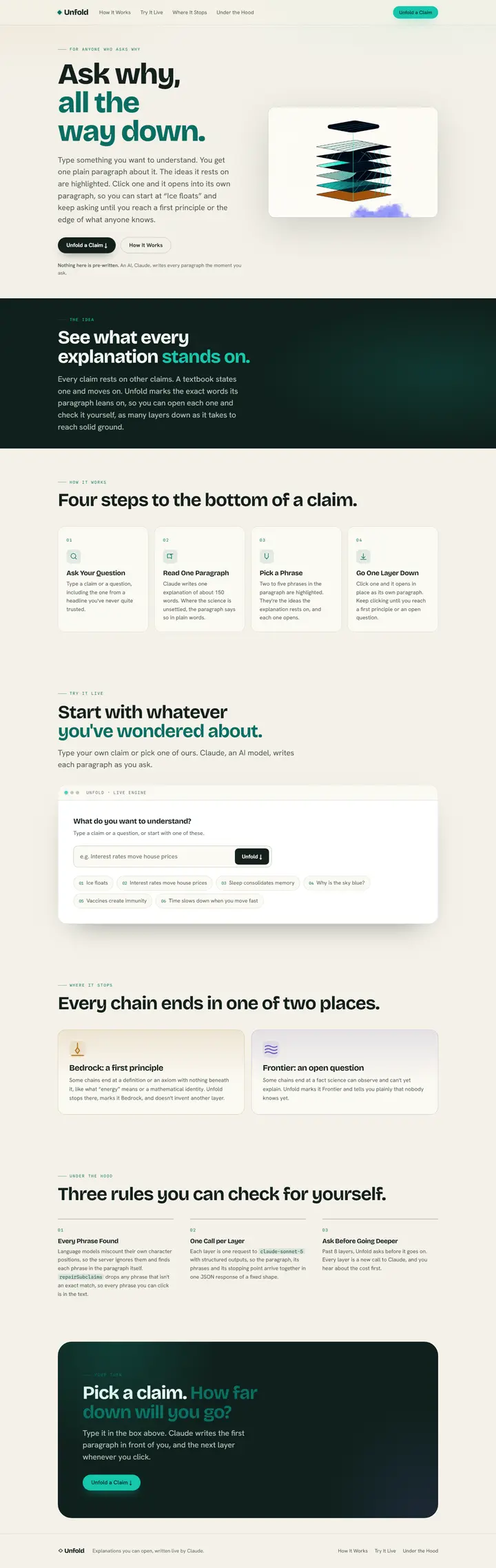 Unfold's home page from top to bottom.