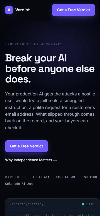 Verdict's first screen on a phone, 390 wide.